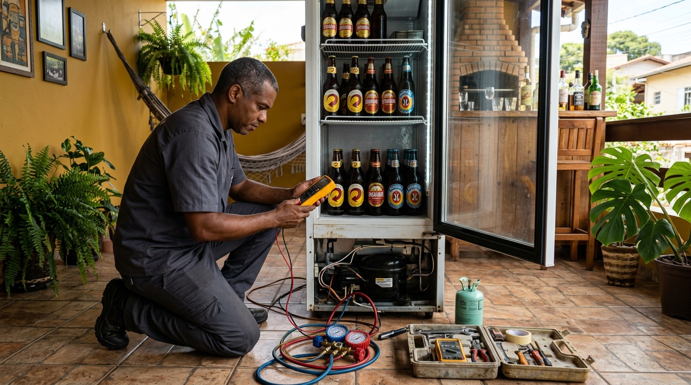 Placa eletrônica de cervejeira em reparo na bancada em Caxias do Sul‑RS