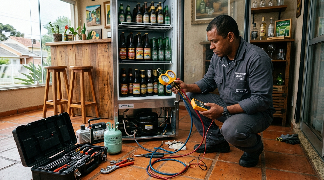 Técnico revisando o motor de uma cervejeira durante chamado em Caxias do Sul‑RS