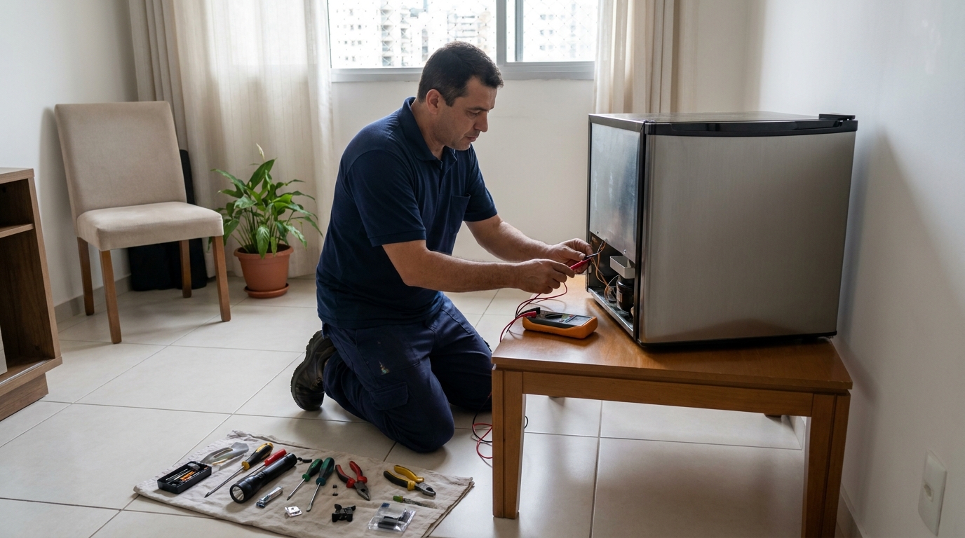 Técnico revisando o motor de um frigobar em Caxias do Sul‑RS