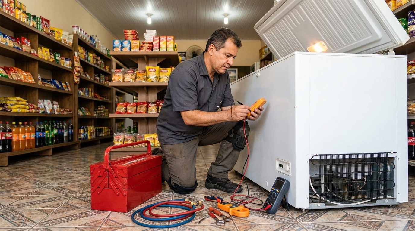 Manômetro conectado ao circuito durante recarga de gás de freezer em Caxias do Sul‑RS
