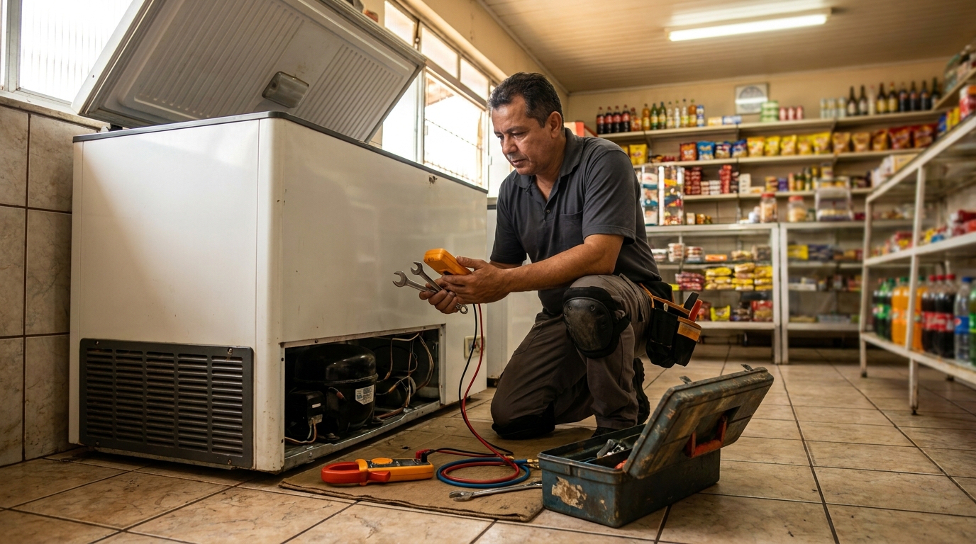 Técnico avaliando um freezer vertical durante atendimento em Caxias do Sul‑RS